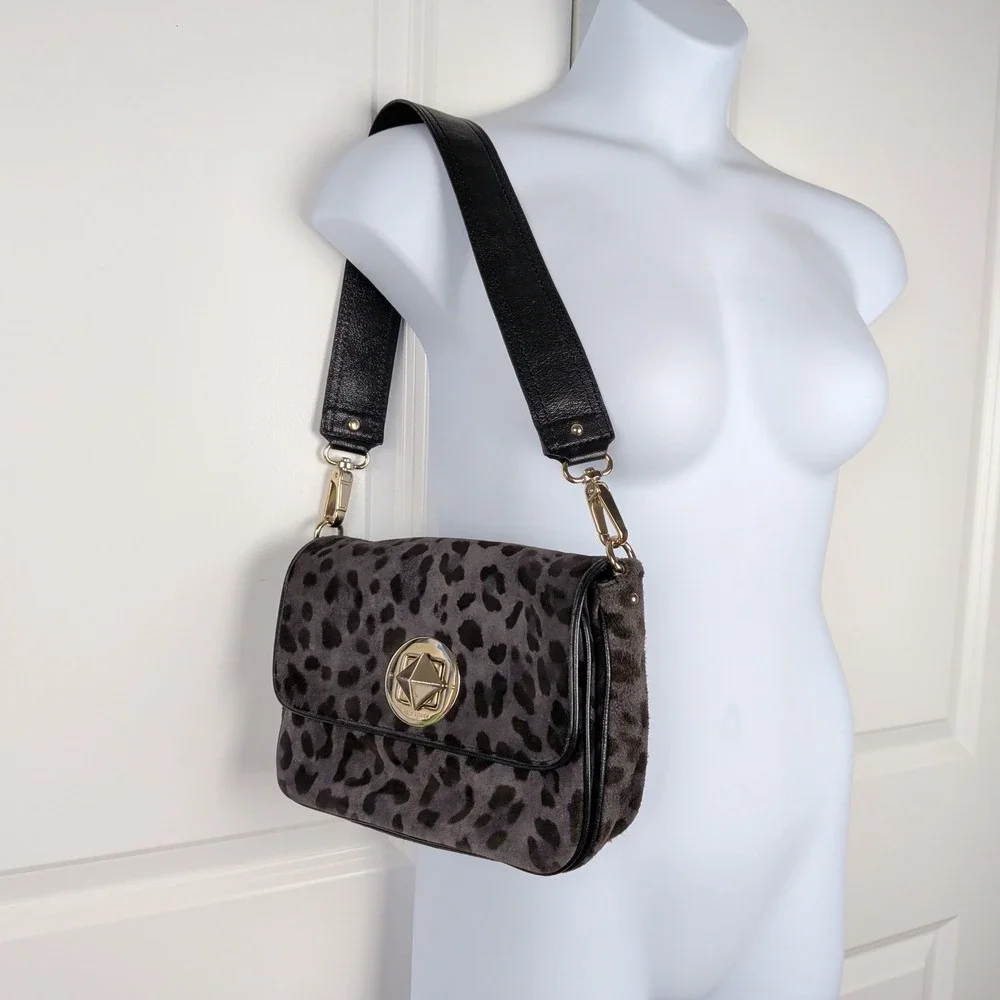 Kate Spade Gray Leopard Print Calf Hair Shoulder Bag Gold Turn Lock Preppy